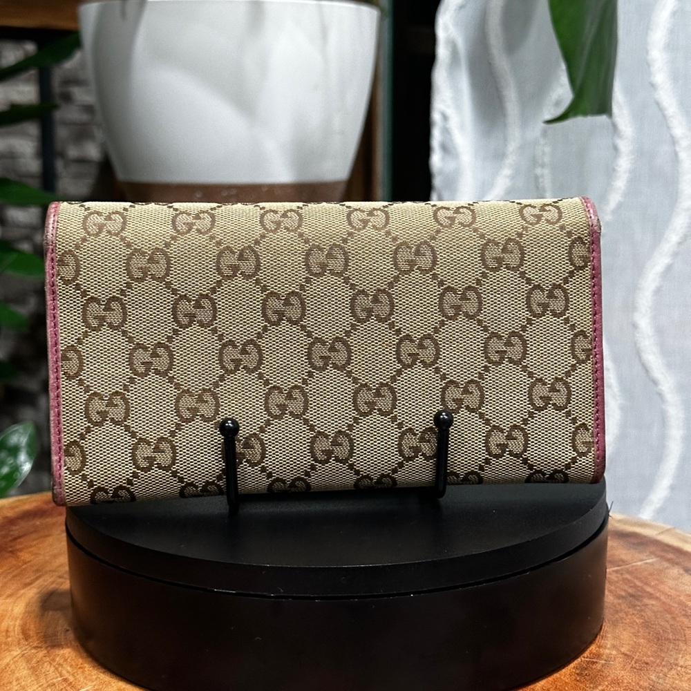Vintage Gucci GG Canvas Wallet Pink Leather Heart Charm Y2K - Picture 5 of 8